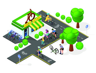 set of bicycle infrastructure. Velo tracks, bicycling, bicycle shop, bike repair, family rest. Isometry 3d