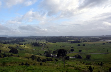 Broad panorama of the countryside in North New South Wales with green fields. Grassy hills in Australia. View from Minyon Falls lookout, Nightcap National Park.