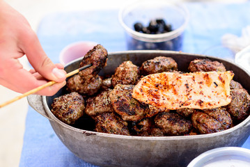 Grilled Foods -Beef  Meat kebab and  Chicken fillet .Vintage style.