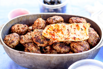 Grilled Foods -Beef  Meat kebab and  Chicken fillet .Vintage style.