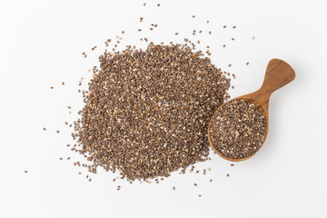 chia seeds in wooden spoon Isolated on white background