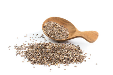 chia seeds in wooden spoon Isolated on white background