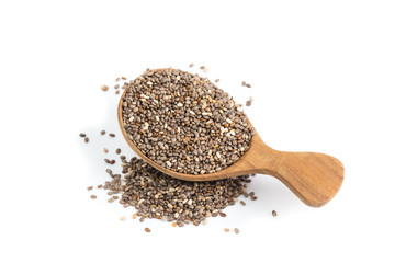 chia seeds in wooden spoon Isolated on white background