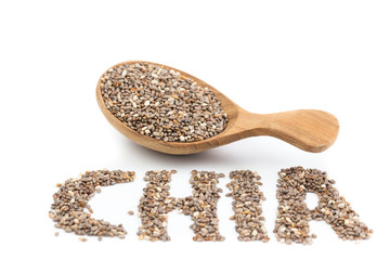 chia seeds in wooden spoon Isolated on white background