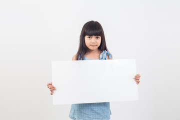asian student girl holding a blank poster for text or ad.