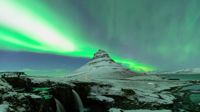 Timelapse of aurora borealis at kirkjufell mountain iceland