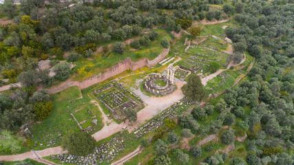 Aerial view of archaeological site of ancient Delphi, site of temple of Apollo and the Oracle, Greece