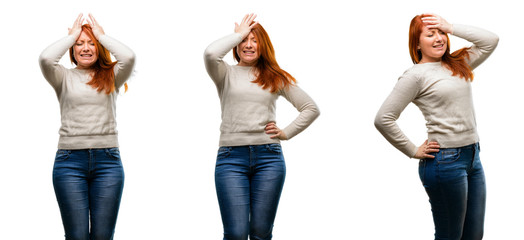 Young Beautiful redhead woman terrified and nervous expressing anxiety and panic gesture, overwhelmed