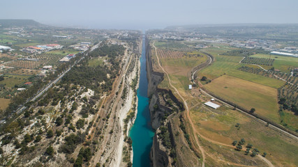 Aerial view of famous Corinth Canal of Isthmus, Peloponnese.