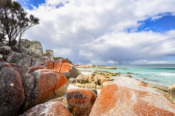 Beautiful sunny summer coast view from Bay Of Fires to blue Tasman Sea with crystal clear water surrounded by red orange colorful shore rocks and white sandy beach, Cosy Corner, Tasmania, Australia - obrazy, fototapety, plakaty