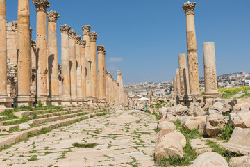Colonnaded Street in Roman city of Gerasa near Jerash (Pompeii of the East. The city of 1000 columns). Northern Jordan