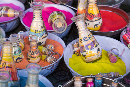 Souvenirs from Jordan - bottles with sand and shapes of desert and camels.