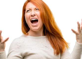 Beautiful young redhead woman terrified and nervous expressing anxiety and panic gesture, overwhelmed isolated over white background