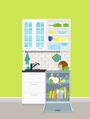 Built-in dishwasher in the kitchen. Crane in the kitchen. Vector flat illustration.