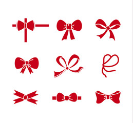 Carved silhouette flat icon, simple vector design. Set of bows with tape ends for present, celebration and congratulation. Different graphical decorative bow