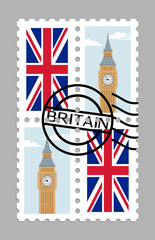 United Kingdom flag and big ben on postage stamps
