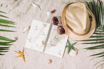 Book with straw hat and seashells at the beach