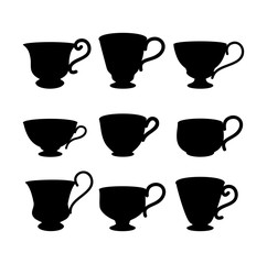 Coffee cup silhouette. Coffee and tea cup set. Black and white vector illustration.