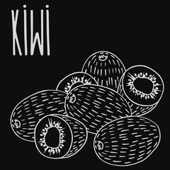 Isolate ripe kiwi fruit as chalk on blackboard. Close up clipart in chalkboard style. Hand drawn icon