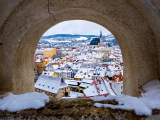 Winter season  snow in Cesky Krumlov, a small city in the South Bohemian Region of the Czech Republic where Cesky Krumlov Castle is located.