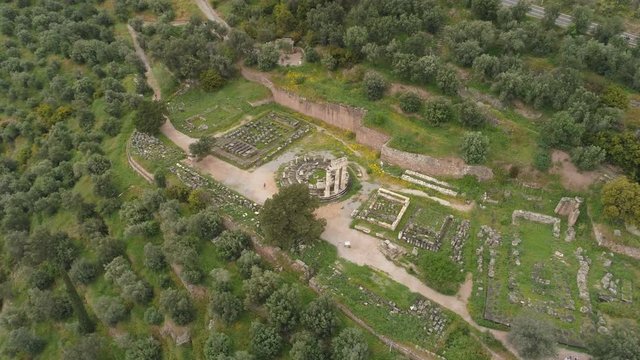 Aerial view of archaeological site of ancient Delphi, site of temple of Apollo and the Oracle, Greece