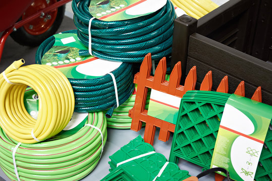 Garden Hoses And Fence In Household Goods Store