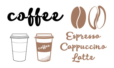 Coffee cup, grain coffee and text on white background