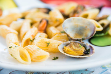 Penne allo scoglio, dish of italian pasta with clams and mussels, Mediterranean Food