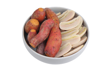 Ready served boiled sweet potato and banana on korean style dish