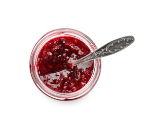 Jar with sweet jam on white background