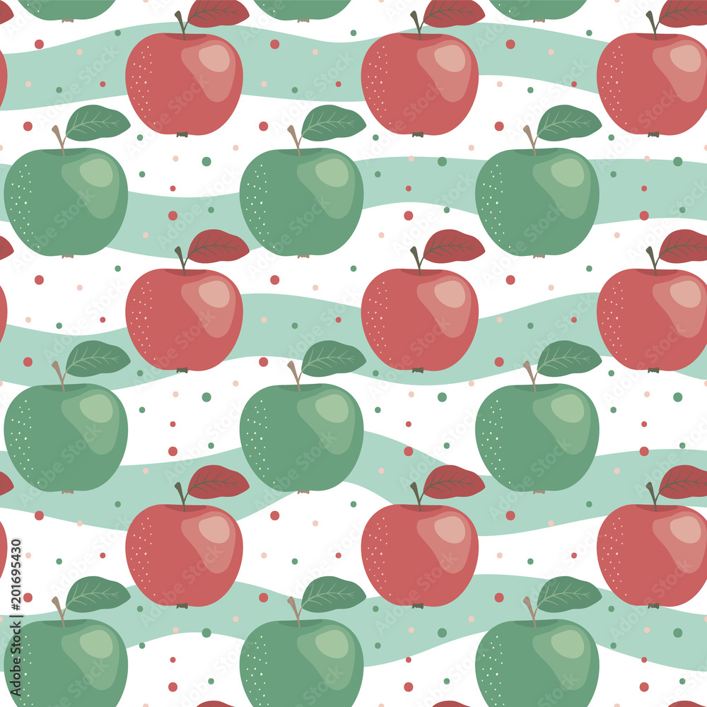 Poster seamless pattern with red and green apple in flat style. vector print for your design.