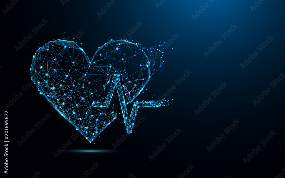Poster Abstract heart beat form lines and triangles, point connecting network on blue background. Illustration vector