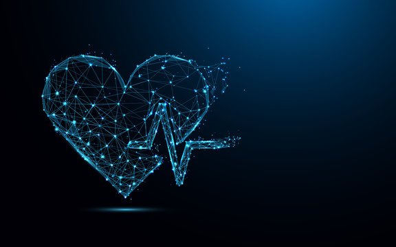 Abstract heart beat form lines and triangles, point connecting network on blue background. Illustration vector