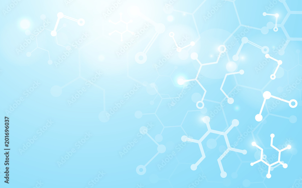 Poster abstract science molecule dna model structure with science concept on soft blue background