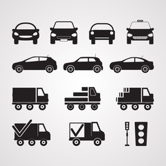 Carved silhouette flat icons, vector. Set of different cars in profile and full face. Illustration of transport, passenger and cargo transport. Truck, sedan, hatchback. Symbol of delivery and taxi