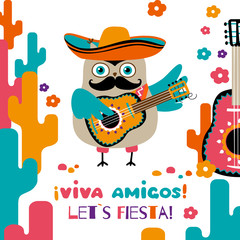 Cinco de Mayo greeting card. Cartoon owl in mexican sombrero