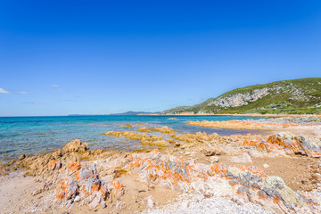 Stunning view from bright white light station to deep blue sea ocean bay turquoise water with orange red rocks at shore coast on warm sunny clear sky day, Rocky Cape National Park, Tasmania, Australia