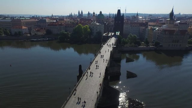 Aerial view of Vltava River with Charles Bridge
