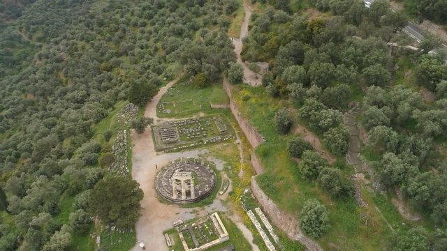 Aerial view of archaeological site of ancient Delphi, site of temple of Apollo and the Oracle, Greece