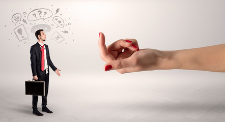 Kissed businessman with baiting hand and doodle concept
