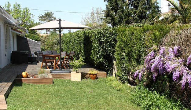 terrasse en bois exotique et salon de jardin près d'une haie de glycines en fleurs