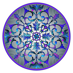 Illustration in stained glass style with abstract flowers, leaves and swirls, circular image on grey background