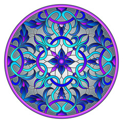 Illustration in stained glass style with abstract flowers, leaves and swirls, circular image on grey background