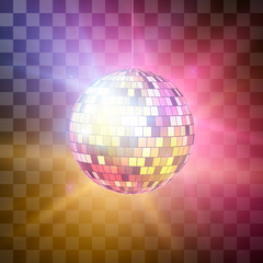 Disco ball with bright rays on transparent background, night party retro background. Vector illustration isolated on transparent background