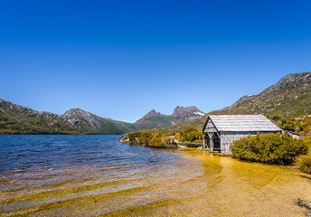 Pretty view to great deep blue mountain lake and green orange shore jungle forest bush land on warm sunny clear sky hiking wilderness day, Dove Lake, Cradle Mountain National Park, Tasmania, Australia