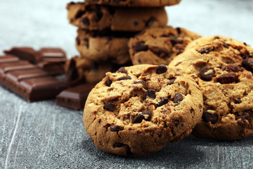 Chocolate cookies on rustic table. Chocolate chip cookies