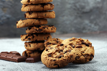Chocolate cookies on rustic table. Chocolate chip cookies