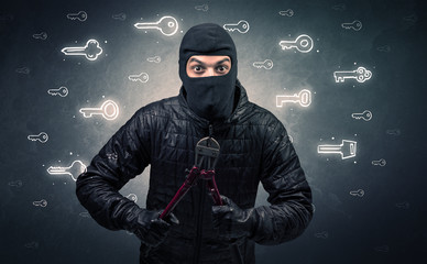 Burglar standing with tools in his hand.