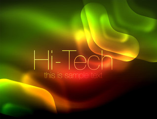 Blurred arrows in dark space. Neon pointers, glass glossy design, abstract shiny techno background, web banner