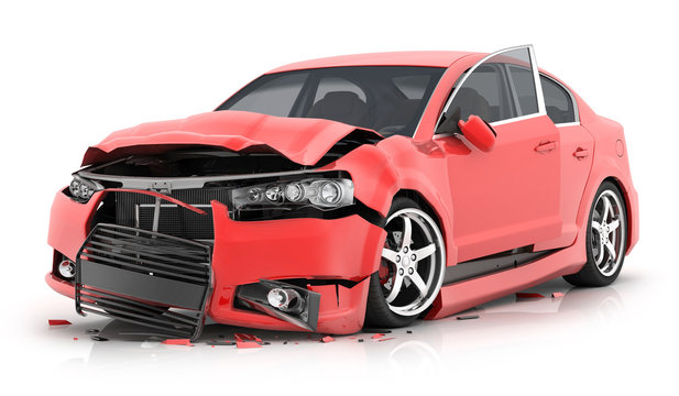Red car crash on isolated white background